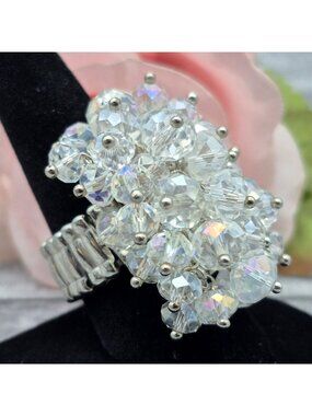 Retro AB Crystal Cluster Cha Cha Ring Expandable to Size 8 9 10 11 12 Statement